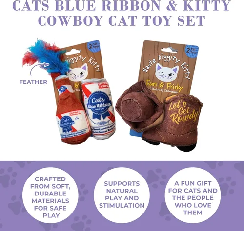 Miniatura 5 de Haute Diggity Kitty Gatos Cinta Azul + Conjunto de Gatito Vaquero, Juguetes de Felpa para Gatos Rellenos de Hierba Gatera con Sonido Crujiente