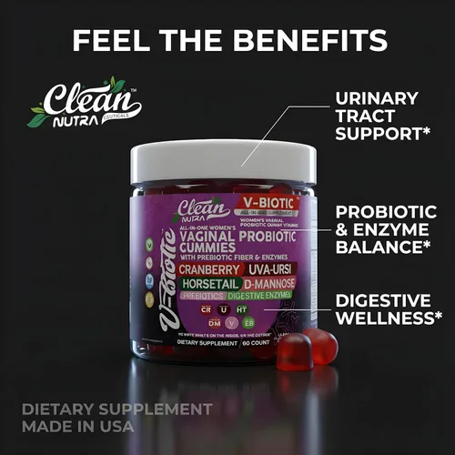 Miniatura 8 de Clean Nutraceuticals Probióticos Vaginales para Mujeres Gomitas con Arándano Rojo, Uva Ursi, Cola de Caballo, D-Manosa, Prebióticos y Enzimas