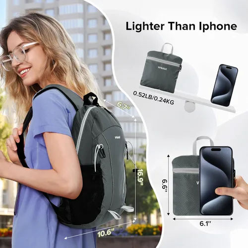 Miniatura 2 de VPBAGE Mochila de senderismo resistente al agua de 15L, mochila pequeña de viaje al aire libre, mochila ligera de día con bucles para herramientas