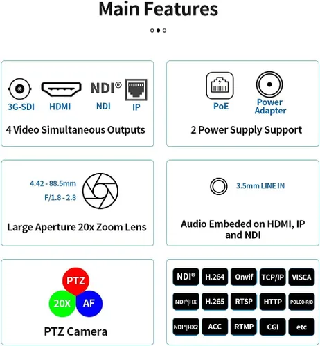 Miniatura 3 de SMTAV Cámara PTZ NDI, zoom de 20x + 16x, cámara de transmisión en vivo con HDMI, 3G-SDI y salidas IP, NDI HX 4.6, para iglesia, conferencia