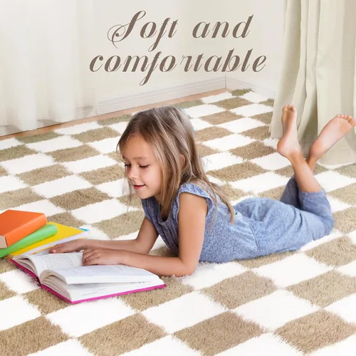Miniatura 2 de Alfombra súper suave para dormitorio, 3 x 5 pies, alfombra de área beige y blanca a cuadros clásica, peluda antideslizante de pelo alto, alfombra