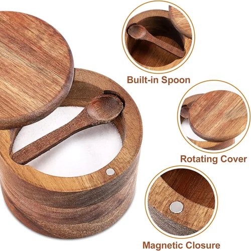Miniatura 2 de Cuenco de Madera de Acacia para Sal y Pimienta, Salero de Madera Natural y Caja de Almacenamiento de Especias con Cuchara Incorporada y Tapa