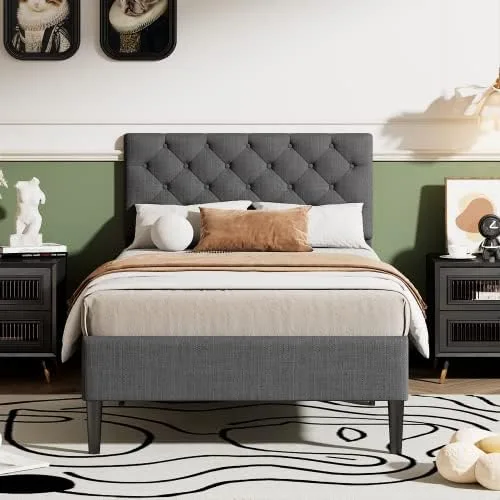 Miniatura 10 de Marco de cama de plataforma de tamaño individual, marco de cama tapizado de lino de diseño moderno con cabecera copetuda, cama de almacenamiento