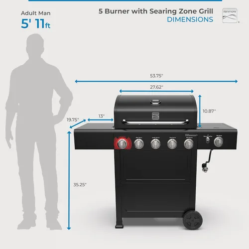 Miniatura 9 de Kenmore Parrilla de gas propano para barbacoa, 5 quemadores con quemador lateral y zona de sellado, parrilla de acero inoxidable de 644 pulgadas