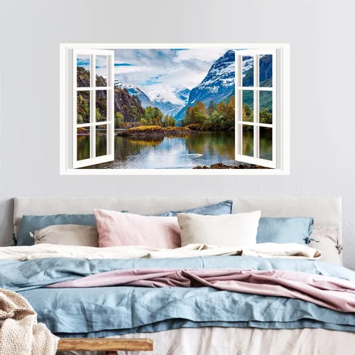 Miniatura 3 de Calcomanías de pared de paisaje, 3D, montaña, bosque, lago, calcomanías de pared extraíbles para ventana falsa, despegar y pegar, calcomanías
