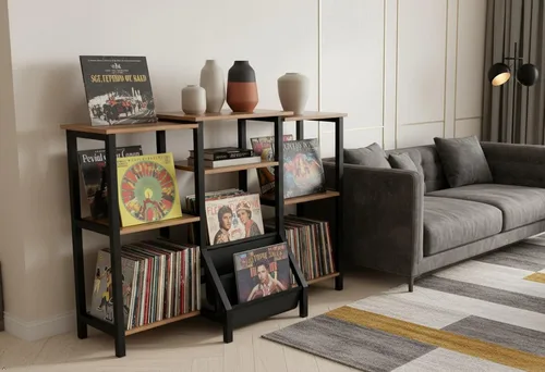 Miniatura 3 de Soporte para tocadiscos con almacenamiento de vinilo, armario giratorio alto de 36 pulgadas con almacenamiento, mesa moderna de tocadiscos