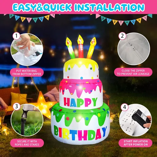 Miniatura 4 de Pastel inflable de cumpleaños de 4 pies de alto, regalo de cumpleaños novedoso, pastel de cumpleaños inflable con velas iluminadas, 6 luces LED
