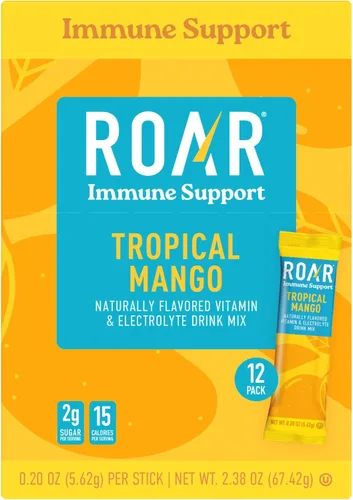 ROAR Polvo de apoyo inmunológico, paquetes de hidratación con zinc y saúco, electrolitos en polvo, sin OMG, sin gluten, mango tropical, 12 unidades