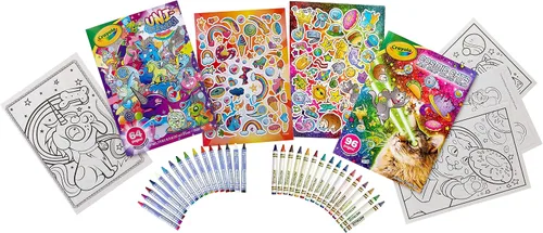 Miniatura 4 de Crayola Uni-Creatures & Cosmic Cats - Juego de libros para colorear - Paquete de 2 (96 páginas), hoja de calcomanías de animales, crayones metálicos