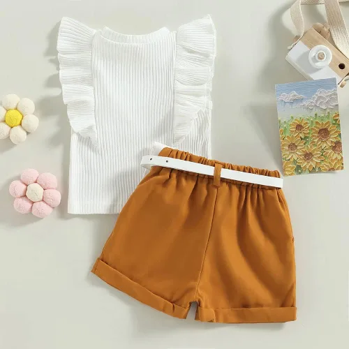 Miniatura 23 de TheFound Trajes de verano para niñas pequeñas, sin mangas, de punto acanalado, halter, pantalones cortos, ropa para recién nacidos, conjunto de 3