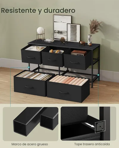 Miniatura 6 de SONGMICS Cómoda para dormitorio, cómoda, acero, MDF, 5 cajones de tela no tejida, unidad organizadora de almacenamiento, armario, entrada, negro