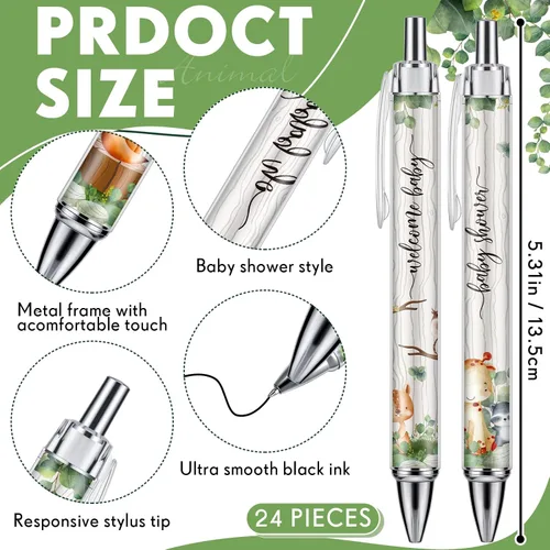 Miniatura 2 de Chuangdi 24 bolígrafos retráctiles de animales del bosque, para baby shower, bolígrafos retráctiles a granel, tinta negra con regalos