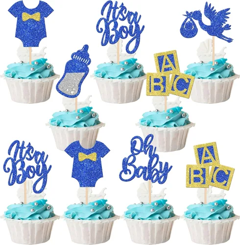 Miniatura 14 de 24 piezas de adornos para cupcakes para bebé niño con purpurina luna, estrella, baby shower, revelación de género, cupcakes para celebrar cumpleaños
