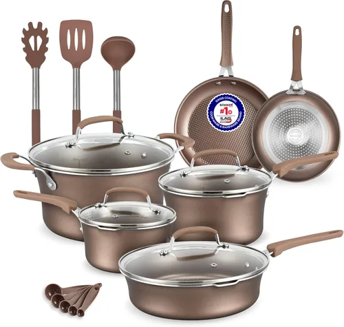 Juego de ollas y sartenes – 14 piezas – Utensilios de cocina profesional antiadherente para el hogar – Ollas con tapas – Sartenes – Apto para Dorado