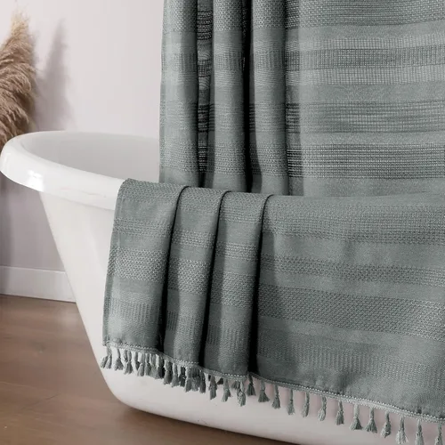 Miniatura 15 de OVZME Cortina de ducha bohemia negra, cortina de ducha estrecha de tela suave a rayas de lino texturizado con borla, moderna decoración de baño