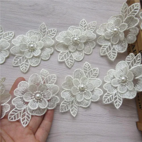 Miniatura 4 de 2 yardas de encaje de flores 3D con perlas bordadas, de poliéster, cinta de encaje con aplicación de patchwork para vestido de novia, manualidades
