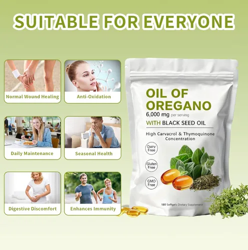 Miniatura 6 de Cápsulas blandas de aceite de orégano – Aceite de orégano con aceite de semilla negra de 6000 mg Aceite de orégano 2 en 1 Sin OMG – Sin gluten