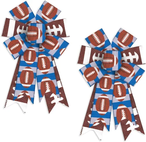 2 lazos para corona de fútbol americano, lazos de fútbol para corona, tiras azules y grises, lazos de arpillera de fútbol americano, lazos de tela