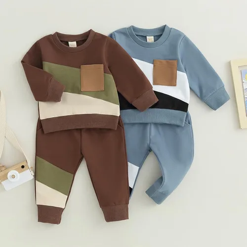 Miniatura 8 de BeQeuewll Ropa para bebé niño de otoño e invierno, 2 piezas, bloque de color, sudadera y pantalones con cuello redondo