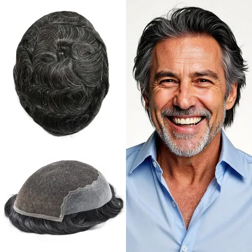 Miniatura 44 de Toupee - Sistemas de reemplazo de cabello para hombre, encaje frontal suizo, nudo blanqueado, pieza de cabello humano natural 1# negro azabache, 8 x