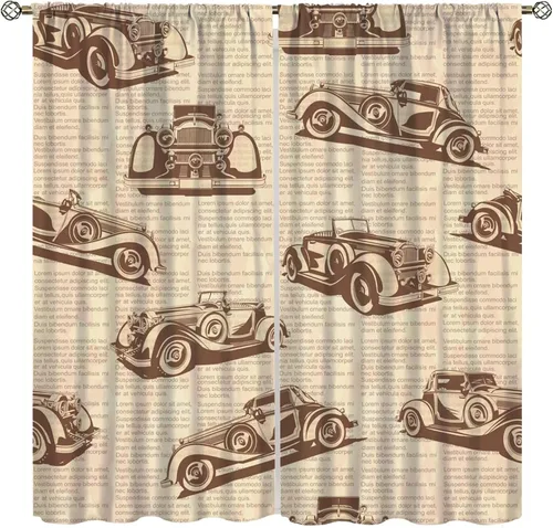 Cortinas de fondo de periódico de autos vintage, diario histórico antiguo, diseño de letras de papel francés, bolsillo para barra, cortinas opacas