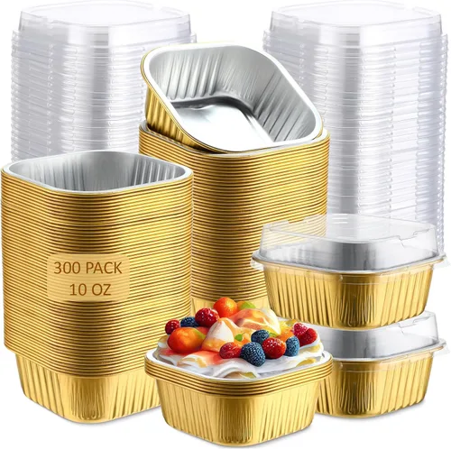 Miniatura 10 de Aoriher 300 piezas de moldes mini para pasteles de 10 onzas con tapas, moldes de papel de aluminio para hornear, moldes cuadrados desechables