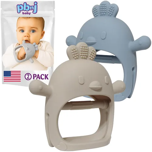 PBnJ baby Paquete de 2 juguetes de dentición para bebés de 0 a 6 a 12 meses, guantes de dentición de silicona de grado alimenticio, sin caída,