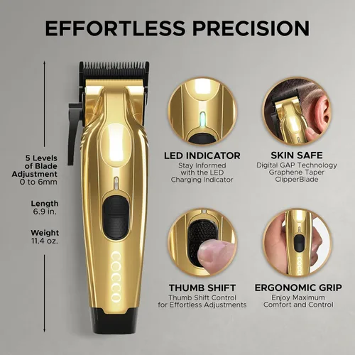 Miniatura 2 de Cocco Veloce Pro Clipper, Digital Gap Ambassador Graphene Taper Blade Profesional Clipper, Motor BLDC de alto par, totalmente metálico, inalámbrico