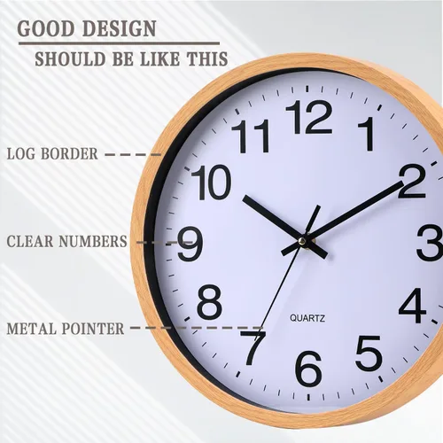 Miniatura 2 de Reloj de pared de 12 pulgadas con marco de madera, cubierta de vidrio, sin tictac, con números, de cuarzo, diseño moderno de cuarzo, decorativo
