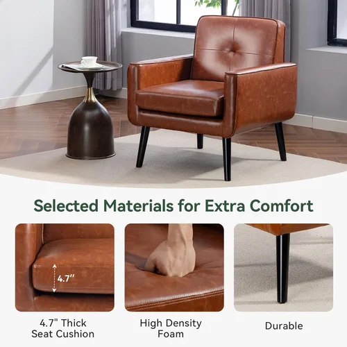 Miniatura 9 de Sillón moderno de acento de mediados de siglo, silla de piel sintética PU con estructura de madera, sillón acogedor para lectura con respaldo cómodo