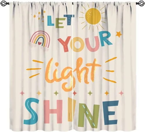 Miniatura 14 de Cortinas bohemias de arco iris, dibujos animados, citas motivacionales, impresiones abstractas coloridas, opacas, tratamiento de ventana para niños