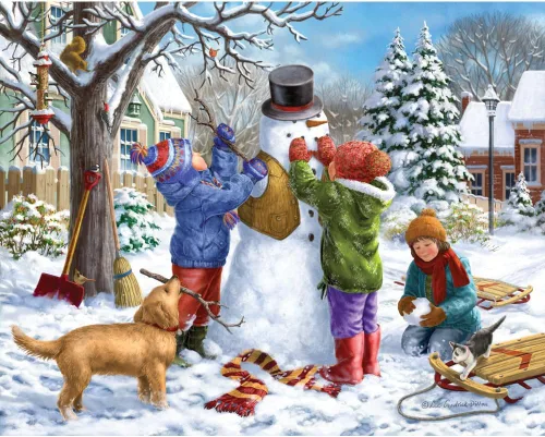 Miniatura 2 de Bits y piezas – 500 Pieza rompecabezas para adultos – Construcción de un muñeco de nieve en un día Nieve – 500 pc Invierno Escena rompecabezas por