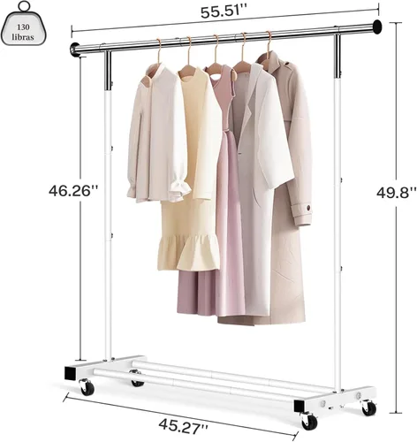 Miniatura 5 de VICERII Perchero de ropa resistente de 55.51 pulgadas con ruedas y estante inferior, perchero con ruedas y estante inferior, percheros de ropa