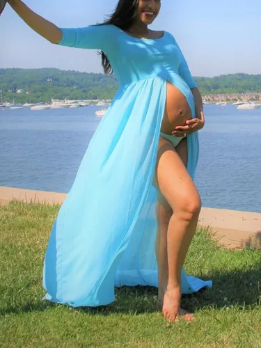 Miniatura 4 de YnimioAOX Vestido de maternidad de manga larga con hombros descubiertos para mujer, para fotografía, vestido de maternidad de gasa para sesión
