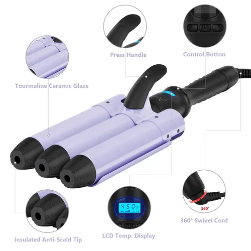 Miniatura 5 de Aima Beauty Hair Waver de 1.260 in (1.25 pulgadas) con ondas de sirena y playa, rizador de 3 barriles, con temperatura ajustable, duradero, se