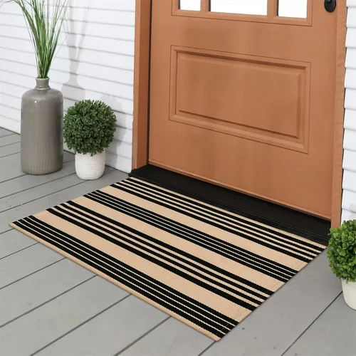 Miniatura 7 de Tiveney Tapete de 2 x 3 pulgadas para puerta delantera, color negro y caqui, tapetes de bienvenida para puertas exteriores, lavables, reversibles