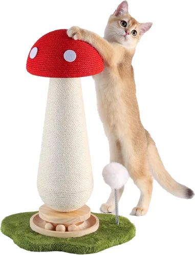 Poste rascador de hongos para gatos con pista interactiva de bolas de resorte para gatos, árbol rascador de sisal de 21.2 pulgadas para gatos de Rojo