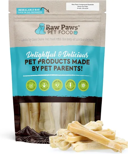 Raw Paws Huesos de cuero crudo comprimido para perros, 4 pulgadas, 10 unidades – Empaquetados en Estados Unidos – Huesos de perro pequeños –