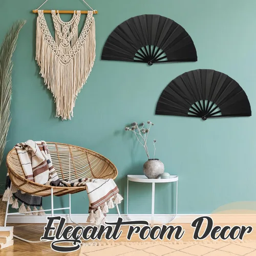 Miniatura 5 de 45 ventiladores de mano plegables grandes para baile de línea, chino, kung fu, tai chi, aplaudir, fanáticos para hombres y mujeres, festivales, Negro
