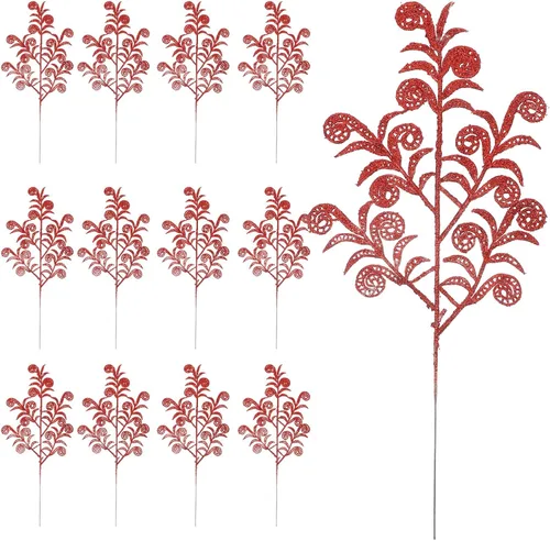 Miniatura 10 de EXCEART 14 piezas de púas de árbol de Navidad con purpurina rizada en aerosol de hojas artificiales, tallo de hojas de Navidad, ramitas para árbol