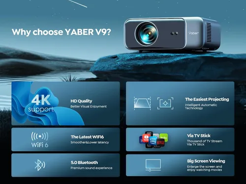 Miniatura 6 de Proyector con enfoque automático/soporte 4K con WiFi 6 y Bluetooth 5.2, YABER Pro V9 nativo 1080P para películas al aire libre, Keystone 6D