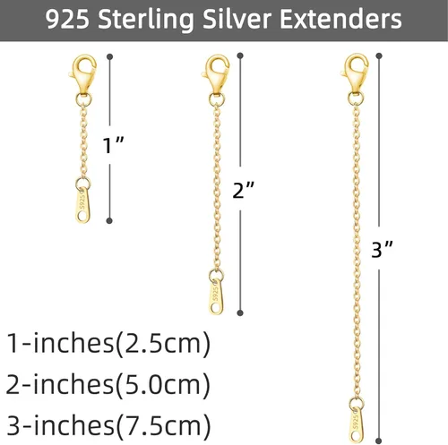 Miniatura 3 de Extensores de cadena dorada para collares, extensiones de pulsera de plata de ley, extensor de collar dorado para mujer, juego de 3 piezas, 1, 2, 3