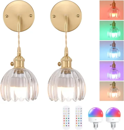 Miniatura 16 de Shenmoyl Candelabro de Pared Operado por Batería con Soporte de Cadena Ajustable, Patrón de Tulipán Verde, Vidrio con Diseño Retro en Oro, Lámpara