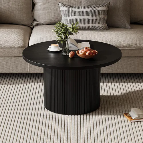 Miniatura 7 de MAISONARIA - Mesa de café redonda negra con marco de metal, mesas de café de 35" para sala de estar, mesa de centro de madera circular con acento