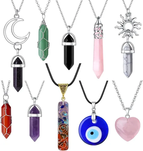 MAIBAOTA 10 collares de cristal curativos de amatista cristales de cornalina chakra collar de ojo malvado vintage hippie wiccano bohemio cuarzo rosa