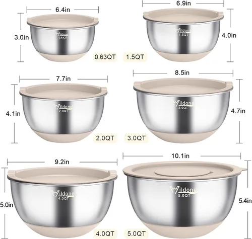 Miniatura 2 de Wildone Cuencos para mezclar con tapas herméticas, 22 PCS cuencos de acero inoxidable anidables, con 3 accesorios de rallador, marcas de escala