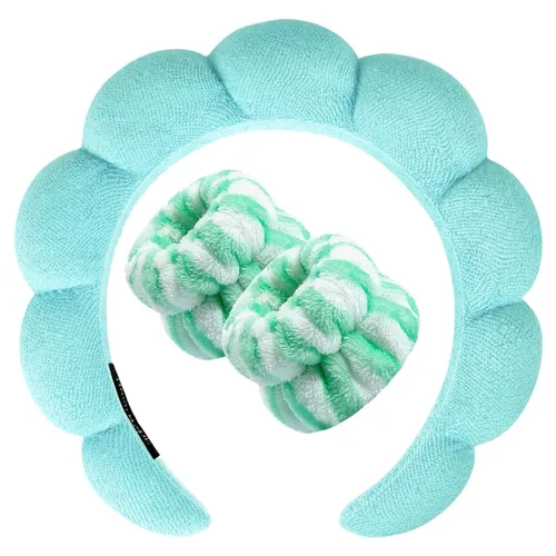 Miniatura 31 de Zkptops Diadema de Spa para Lavar la Cara Muñequera Esponja Maquillaje Cuidado de la Piel Diadema de Tela de Rizo Burbuja Suave Prepárate Diadema