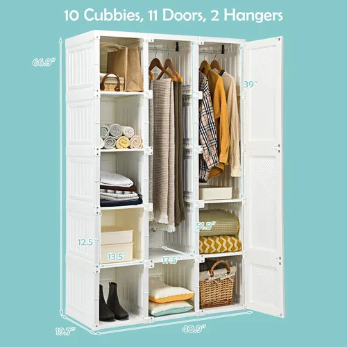 Miniatura 4 de Tangkula Armario Closet Portátil, Organizador de Ropa Plegable con Almacenamiento de Cubículos, Varillas para Colgar, Fácil de Ensamblar