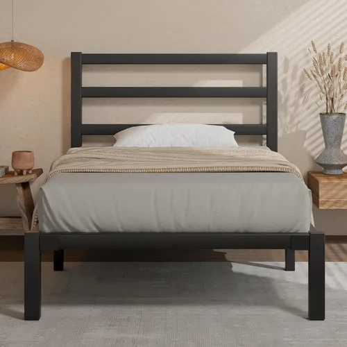 Miniatura 3 de E-Motie - Base de cama de tamaño individual, marco de cama de plataforma metálica con cabecero y estribo, espacio de almacenamiento debajo