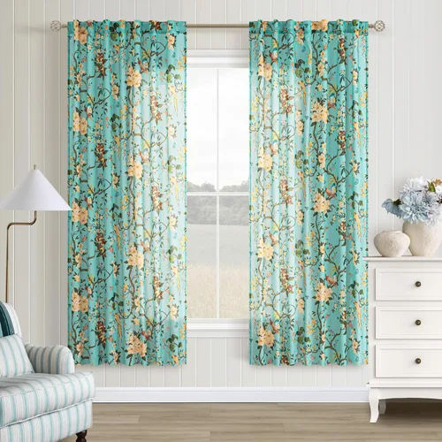 Miniatura 31 de Cortinas de lino florales azules y amarillas, estilo vintage, bohemio, de 63 pulgadas, 2 paneles con pestaña trasera para sala de estar